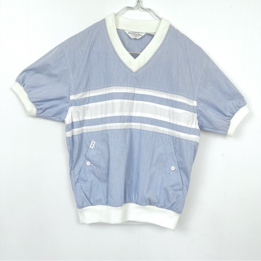 Christian Dior Polo Shirt Blue White Striped Designer Short Sleeve V neck Medium